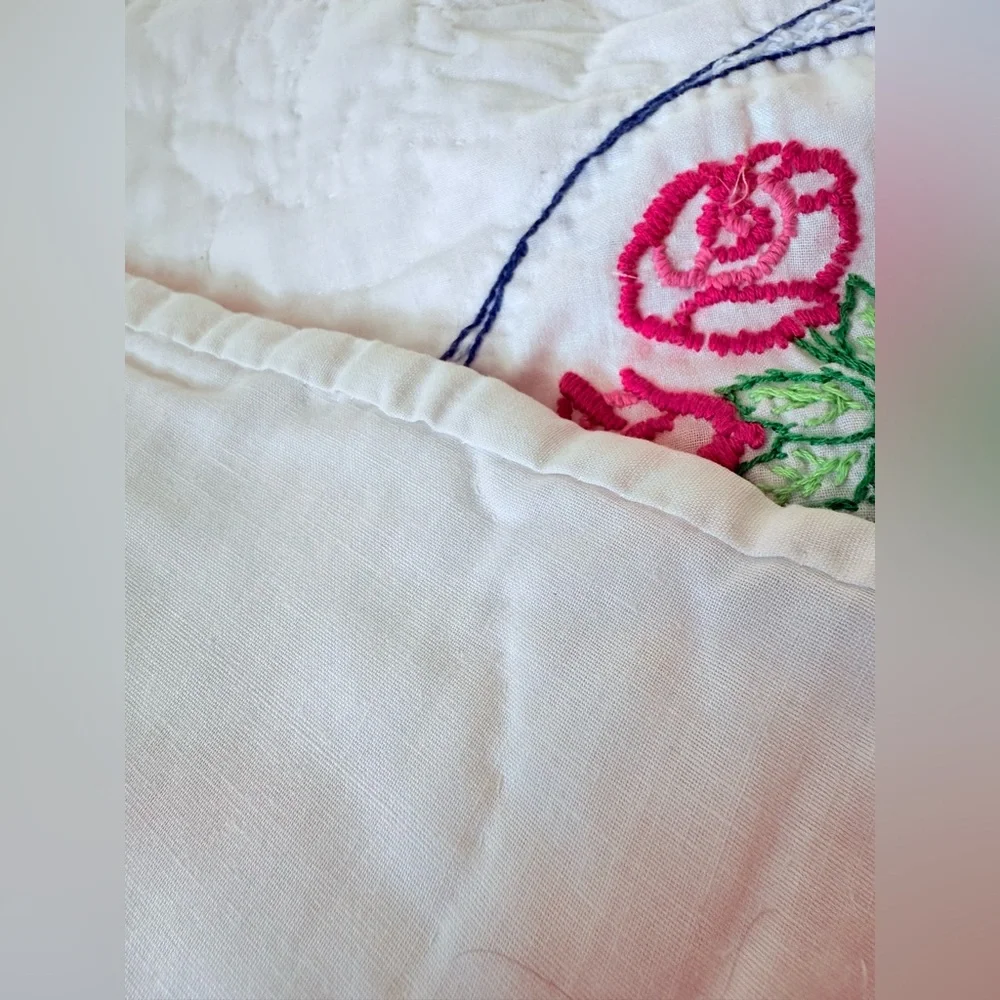 Crib Quilt 44”x29” Floral Embroidered